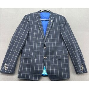 Maceoo Blazer Navy Blue Windowpane Mens 42R Two Button Textured Grid Sport Coat
